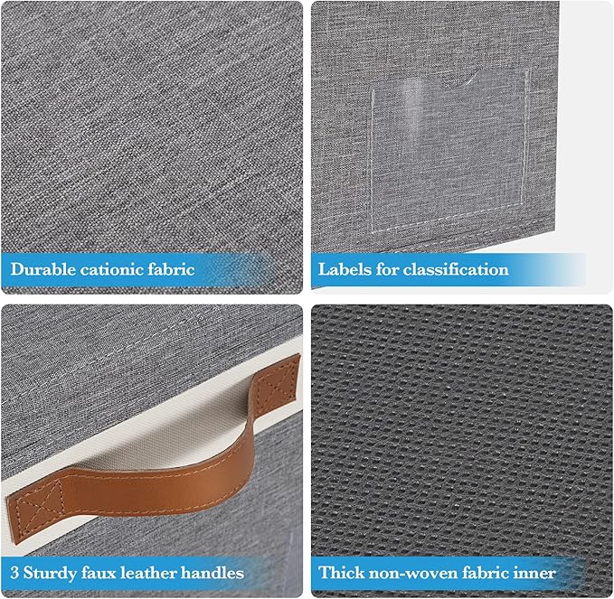 Extra Large Storage Bins with Lids, Foldable Fabric Storage Baskets with Lids, Sturdy Storage Boxes with Labels and 3 PU Handles for Closet Home Bedroom Office (32L, 3 Packs, Grey&White)-NeatNest