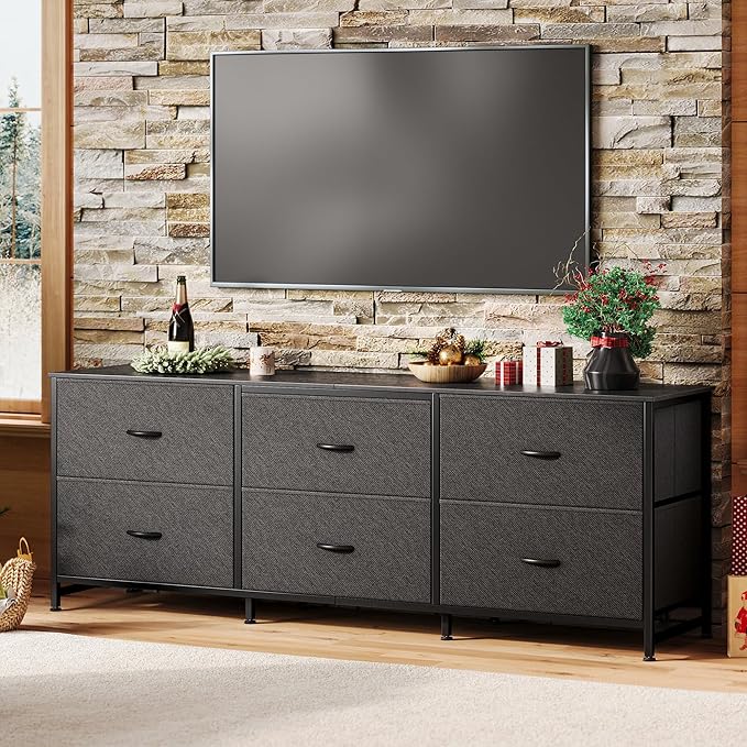 Huuger 63 Inch Long Dresser for Bedroom, Wide TV Stand for 55, 65, 70 Inch TV, 6 Drawer Dresser for Closet with Fabric Drawers, Storage Organizer for Bedroom, Entryway, Black-NeatNest