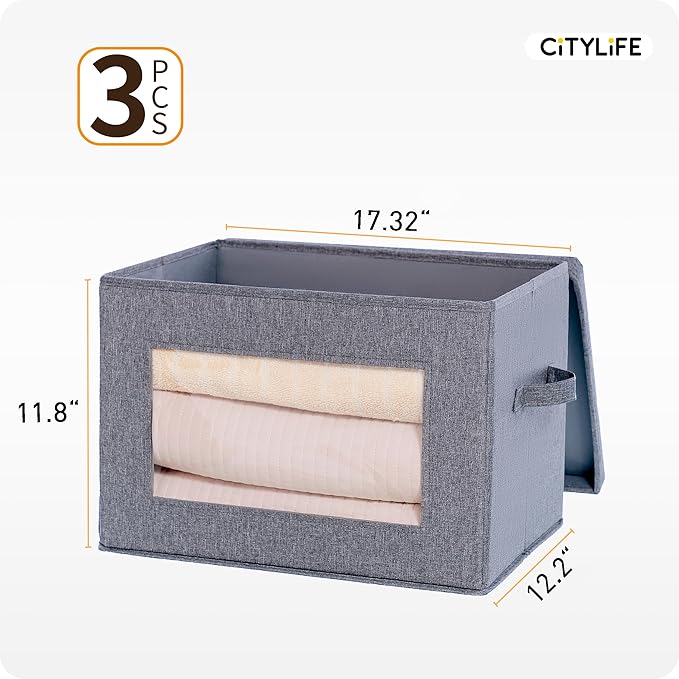 Citylife 3-Pack Collapsible Storage Bins with Lids, Linen Fabric Foldable Storage Boxes, Cube Closet Organization for Clothes, Blankets and Books, Gray-NeatNest