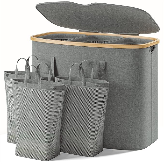 205L Laundry Hamper with Lid 3 Section, Extra Large Laundry Basket with 3 Removable Bags, 54GAL Laundry Basket Organizer for Bedroom, Laundry Room, Dorm,Clothes Hamper,Grey-NeatNest