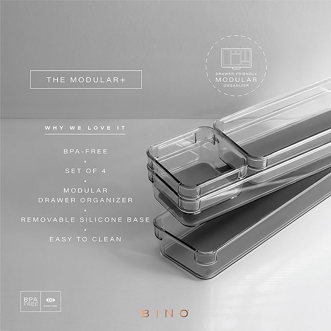 BINO | 4-Piece Drawer Organizer Bin Set - Navy, Small | THE MODULAR+ | Multi-Purpose Storage | Soft-Grip Lining and Non-Slip Rubber Feet | Durable | BPA-Free | Desk Drawer Organizer | Vanity Organizer-NeatNest