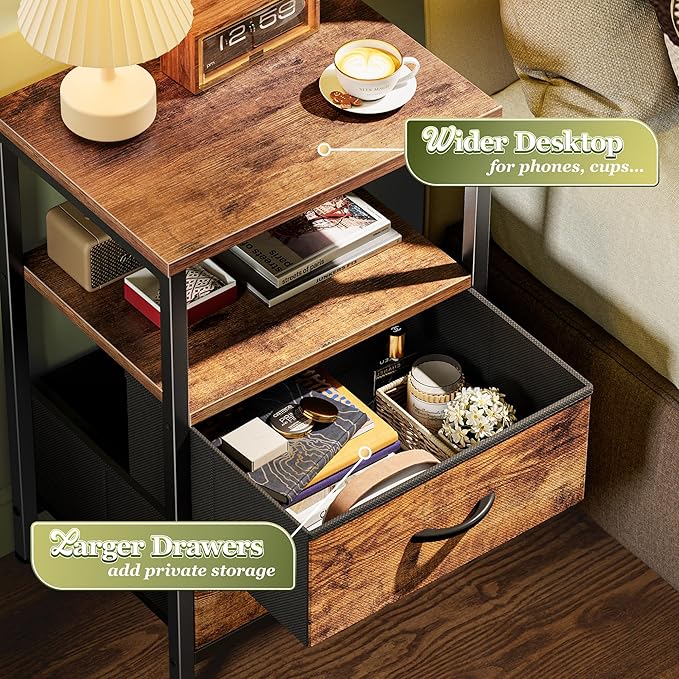 Huuger Night Stand with 2 Drawers, Bed Side Table with Open Shelf, Wooden Top, Nightstand for Bedroom, End Table for Small Space, Fabric Drawer, Rustic Brown