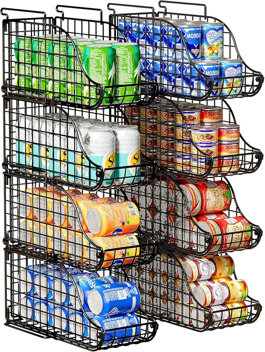 8-Pack Can Organizer for Pantry, Stackable Cabinet Soda Shelves for Fridge, Wire Cupboard Storage, Holds up to 72 Beers,Small Metal Bin for Drink Beverage Egg Gillas, Rack for Kitchen Countertops RV