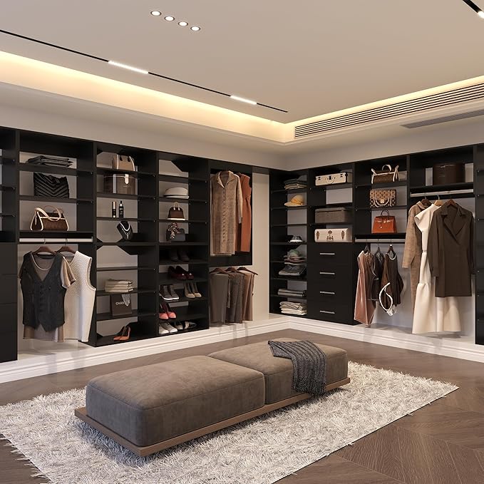 2 Drawer Short Tower Closet Unit, Modular Closet System, Wood Closet System Organizer with Storage for Walk In Closets, Clothing Rack Closet for Hanging Clothes, Bedroom, Black, 19.5"W