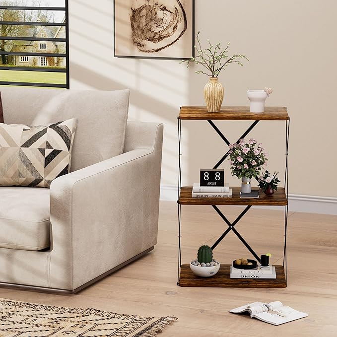 3-Tier End Table Set of 2 Small Side Table Tall Bedside Night Stand with Storage Sofa Side desks for Living Room Bedroom Office Bathroom Small Space Rustic Brown ET-03RB-2