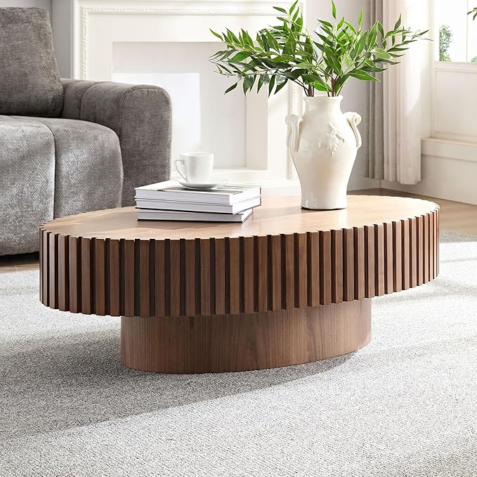 Coffee Table, 43.7 Inch Modern Handcraft Solid Wood Drum Oval Coffee Table for Living Room, Small Space, Office, Easy Assembly (Walnut)-NeatNest