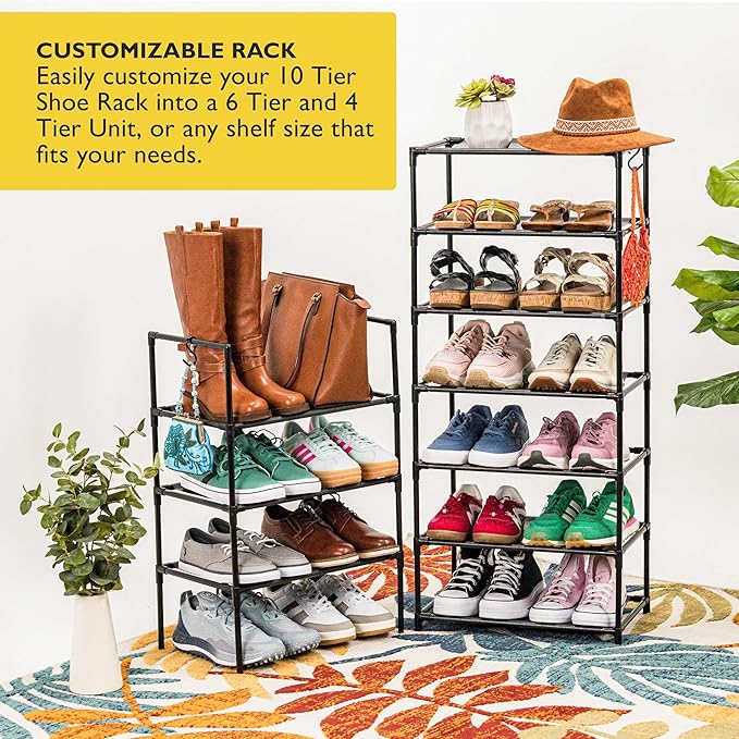 Sundaze Shoe Rack - 10 Tier Tall Shoe Rack for Closet, Sturdy Stackable Shoe Organizer for Closet, Bedroom, Entryway, Garage, Non Woven Fabric Shelf, Black, Holds 20-30 Pairs-NeatNest