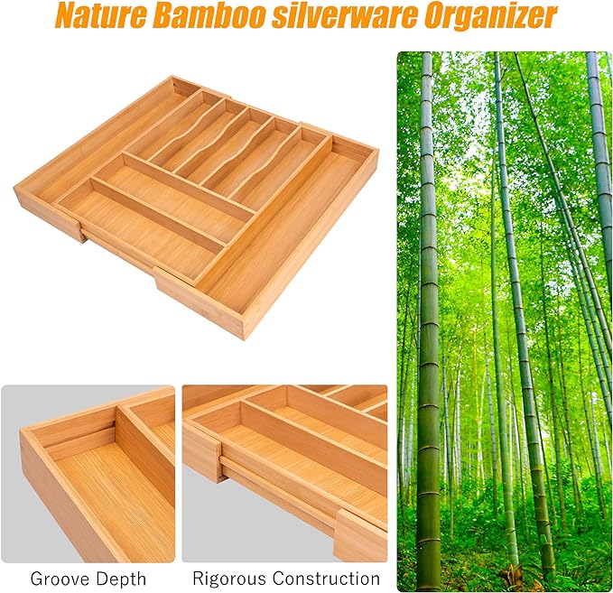 Bellsal Large Premium Bamboo Silverware Organizer - Expandable Utensil Drawer Organizer - 17"x19.6" Utensil Holder and Cutlery Tray with Grooved for Kitchen Flatware and Utensils Mother's Day Gift-NeatNest