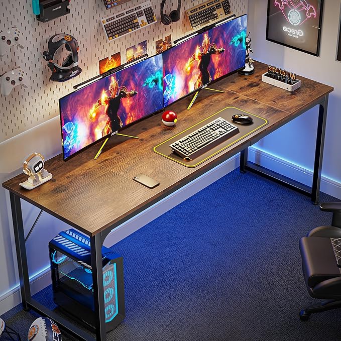 Huuger Computer Desk, 70 Inch Office Desk, Gaming Desk with Storage, Writing Desk Work Desk for Home Office, Study, Long Simple Desk, Large Legroom, Metal Frame, Rustic Brown-NeatNest