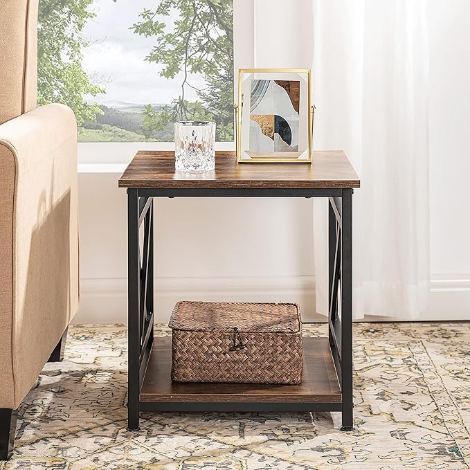 Industrial End Table Side Table with 2-Tier Storage Shelf, 18'' Square Nightstand Bedside Table X-Design Metal Frame for Living Room Bedroom, Rustic Brown