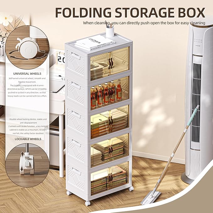 248 QT / 62 Gal Stackable Collapsible Storage Bins (1 Lid) with Magnetic Doors & Wheels - Plastic Cabinet Organizer for Home Office Closet, White Space-Saving Containers-NeatNest