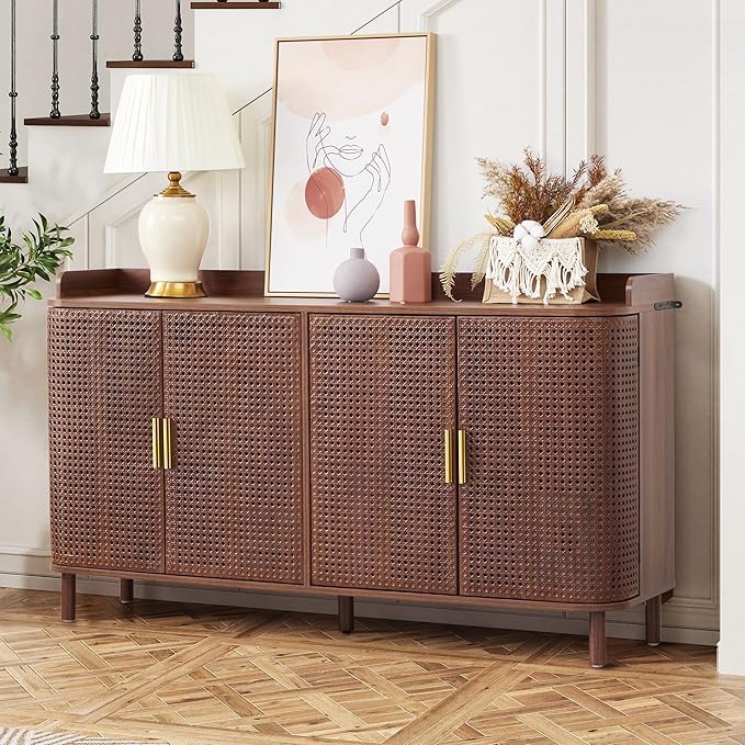 4 Doors Storage Cabinet, 2 Tier Wooden Storage Organizer Cabinet with Adjustable Shelf, Sideboard Buffet Cabinets with Iron Curved Doors Accent Shoe Rack for Entryway Hallway Living Room (Walnut)-NeatNest