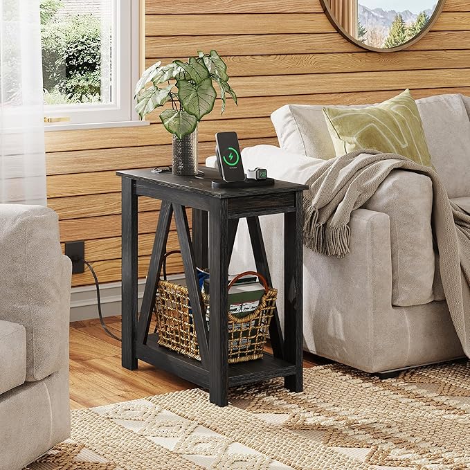 WLIVE End Tables Living Room Set of 2 with Charging Station, Sofa Side Tables with Open Storage Shelf, Slim Farmhouse End Table Sets, Charcoal Black