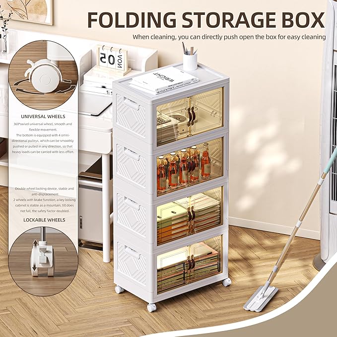 200 QT / 50 Gal Stackable Collapsible Storage Bins (1 Lid) with Magnetic Doors & Wheels - Plastic Cabinet Organizer for Home Office Closet, White Space-Saving Containers-NeatNest