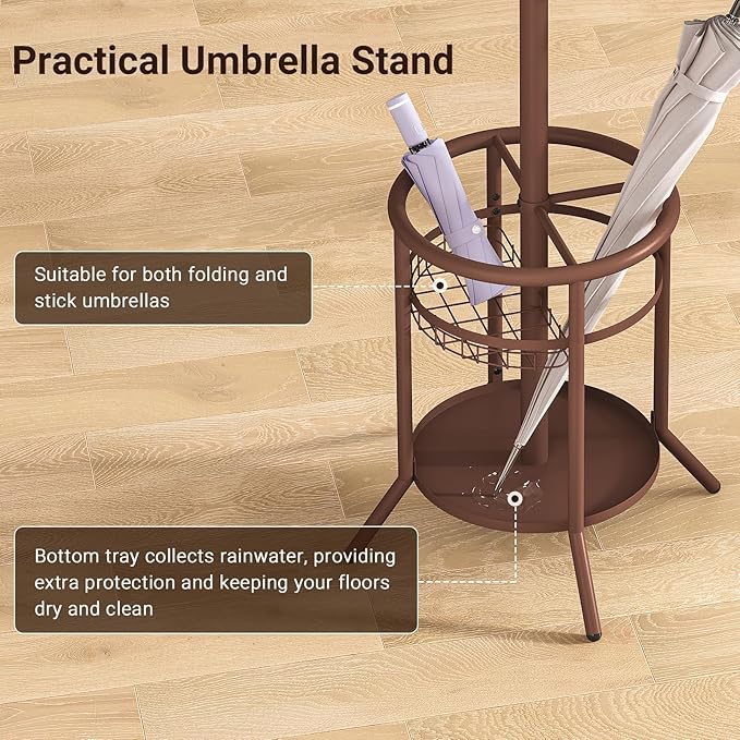 ELYKEN Coat Rack Freestanding, Metal Coat Rack Stand with Umbrella Holder, Modern Coat Tree with 12 Hooks, Floor Standing Corner Hall Tree for Entryway Living Room Bedroom Office, Brown-NeatNest