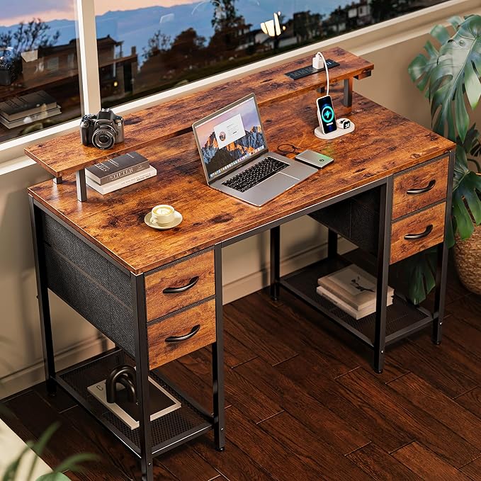Huuger 47 inch Computer Desk with 4 Drawers, Gaming Desk with LED Lights & Power Outlets, Home Office Desk with Large Storage Space for Bedroom, Work from Home, Rustic Brown-NeatNest
