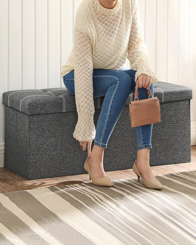 SONGMICS Mazie Collection - 43 Inches Ottoman Storage Bench, 35 Gal. Folding Chest with Breathable Linen-Look Fabric, Load up to 660 lb, for Entryway, Living Room, Bedroom, Dark Gray ULSF077G04-NeatNest