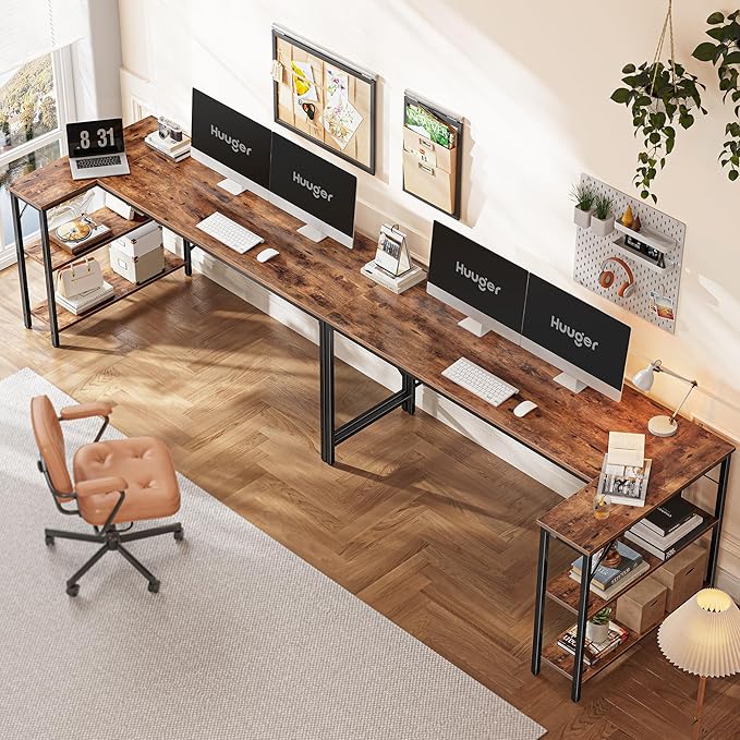 Huuger L Shaped Desk, 63 Inches Computer Desk with Reversible Storage Shelves, for Gaming Corner Home Office Writing Study, Metal Frame, Rustic Brown-NeatNest