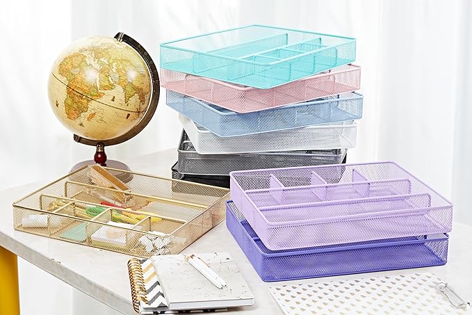 Annova Desk Top Organizer Tray for Office Organization - Metal Mesh - Storage Tray with Dividers for Pens, Desktop Accessories, Bathroom, Kitchen, Makeup and Office Supplies (Large, Gold)-NeatNest
