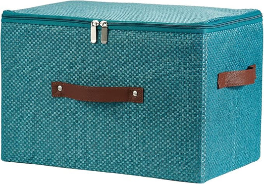 Storage Bins with Lid Fabric Storage Box Basket PU Leather Handle Textured Woven Cotton Linen Decorative Foldable Washable Shelf Closet Organizer Container (Zipper Lid, Blue, Large)-NeatNest