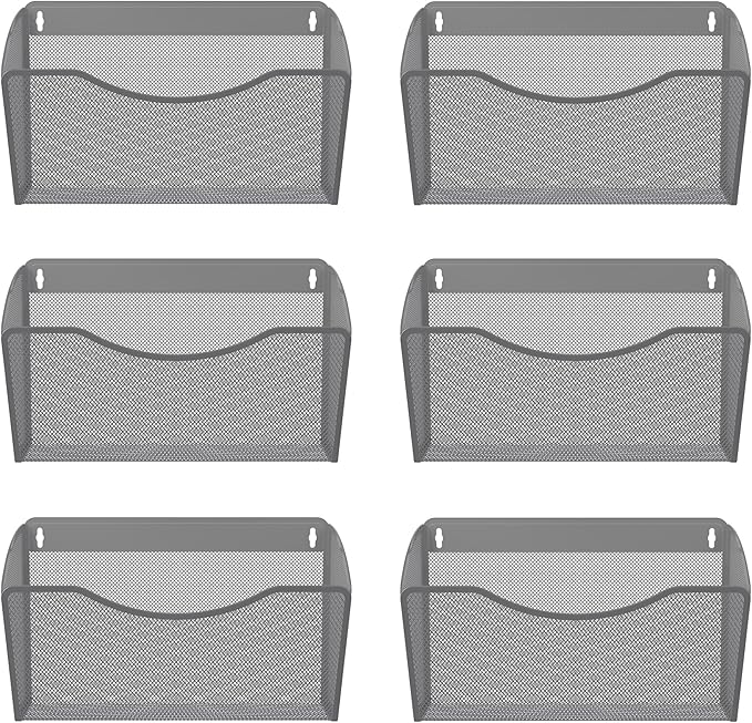 EasyPAG 6 Pack Wall File Holder, Single Mesh Hanging File Organizer for A4 Letter Size Paper, Wall Mount Paperwork Basket for Office, Home, School, Silver