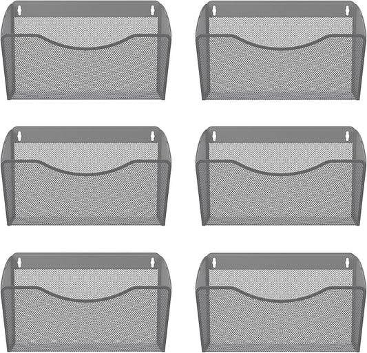 EasyPAG 6 Pack Wall File Holder, Single Mesh Hanging File Organizer for A4 Letter Size Paper, Wall Mount Paperwork Basket for Office, Home, School, Silver