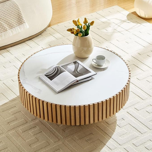 35.43'' Round Wood Coffee Table Marble Circle Coffee Table for Living Room Fluted Center Table with Pedestal Accent Tea Table Apartment Office, Oak