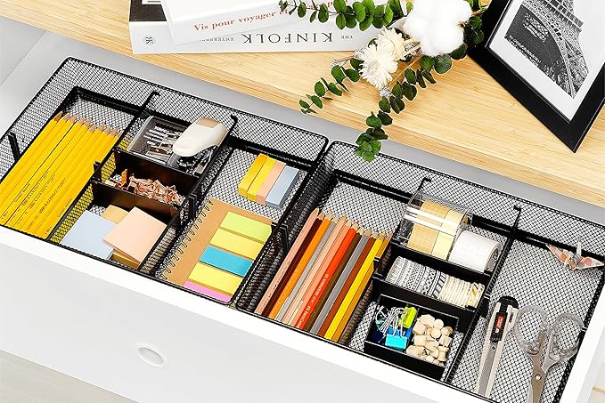 CAXXA Mesh 3 Slot Desk Drawer Organizer with Four Adjustable Dividers - Black-NeatNest