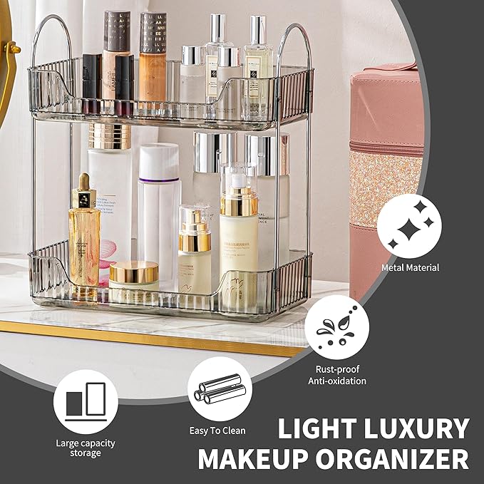 Grey 2-Tier Vanity Tray Organizer for Bathroom Counter, Skincare & Makeup-NeatNest