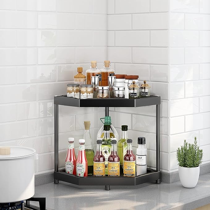 Kitchen Corner Shelf Countertop 2 Tier Bathroom Counter Organizer Cabinet Corner Storage Shelf Spice Rack Makeup Organizer Under Sink Organizer Black-NeatNest