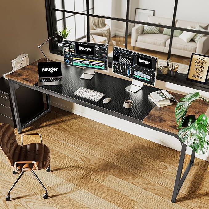 Huuger 78.7 Inch Office Computer Desk with Storage, Writing Work Desk for Home Office, Study, Gaming, Long Simple Desk, Large Legroom, Metal Frame, Rustic Brown and Black-NeatNest