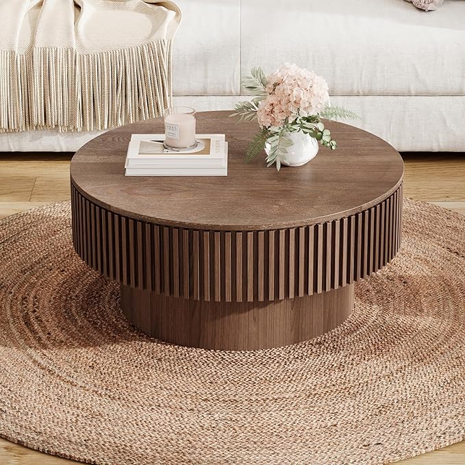 kevinplus 31.5'' Round Coffee Table with Storage Space, Modern Wood Circle Fluted Drum Pedestal Coffee Table for Living Room, Easy Assembly, Walnut (ø31.49'' x 14'')
