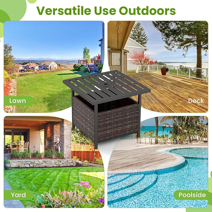 Patio Side Table with Umbrella Hole, 22" Rattan Wicker Umbrella Stand Table, Outdoor End Table for Patio, Garden, Poolside & Yard (Mix Brown)