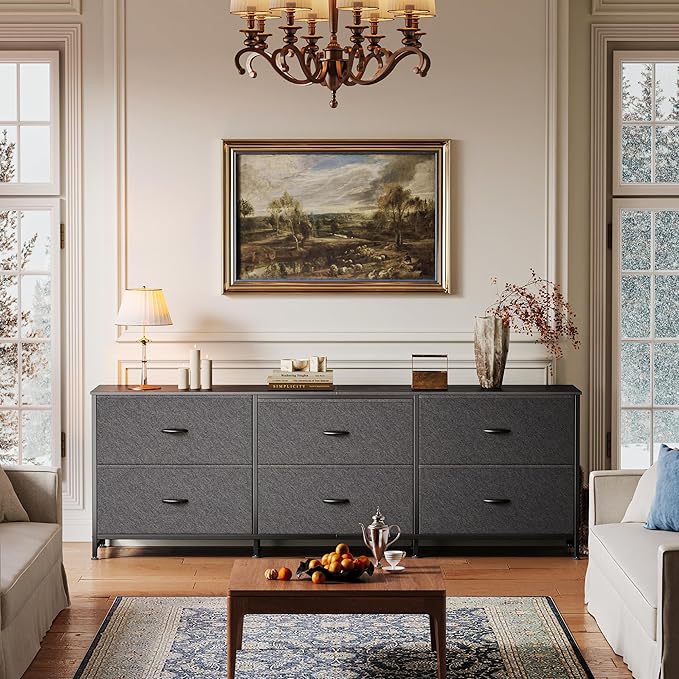 Huuger 63 Inch Long Dresser for Bedroom, Wide TV Stand for 55, 65, 70 Inch TV, 6 Drawer Dresser for Closet with Fabric Drawers, Storage Organizer for Bedroom, Entryway, Black-NeatNest