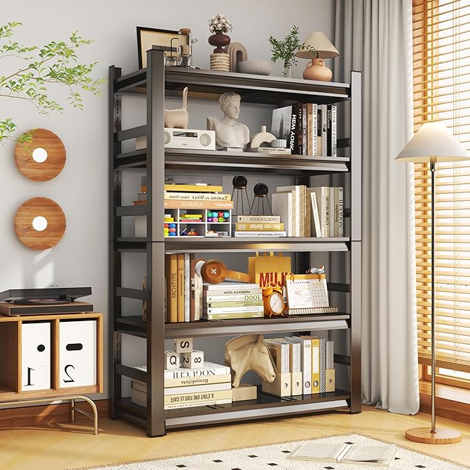 Book Shelf 5 Tier Metal Wide Bookshelves Tall Bookshelf Industrial Bookcase Adjustable Book Shelves For Bedroom/Living Room/Library,Book Shelf Organizer Black (With fence-72"H*15.8"D*35.4"W)-NeatNest