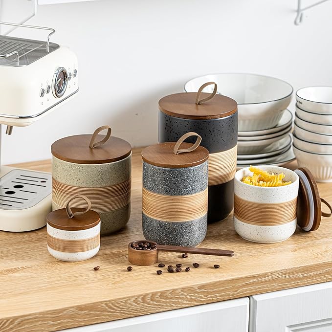 Ceramic Jar with Lid Airtight, Coffee Container Kitchen Food Storage Jars for Spice Sugar Tea Bag, Stackable Decorative Jars for Countertop, 18oz-NeatNest