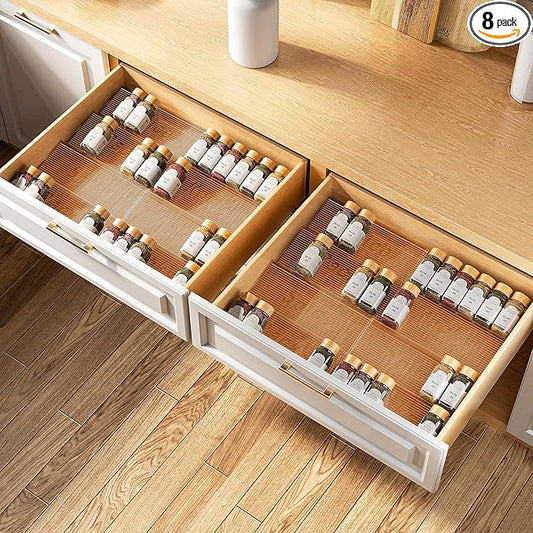 8 Packs Spice Drawer Organizer, 2-Tier Acrylic Drawer Seasoning Organizer, Expandable From 11'' to 22'' Kitchen Spice Rack Organizers and Storage for Drawer (Jars not included), Amber
