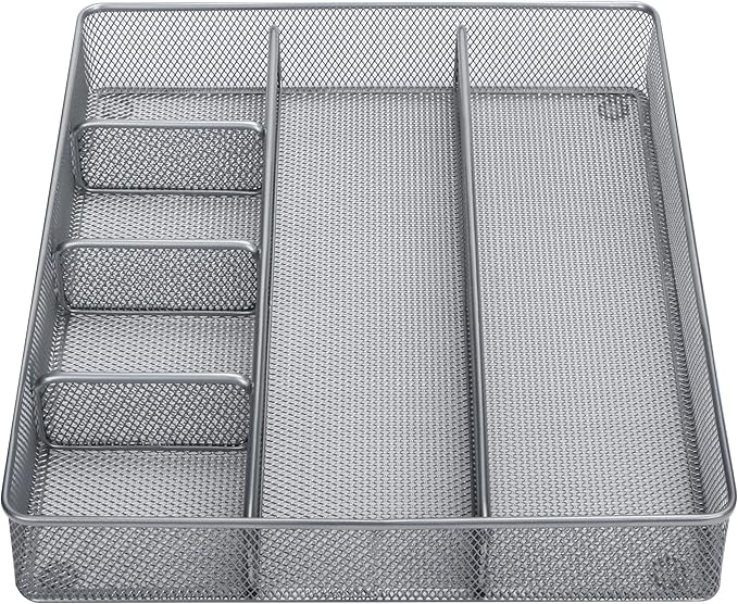 Annova Desk Top Organizer Tray for Office Organization - Metal Mesh - Storage Tray with Dividers for Pens, Desktop Accessories, Bathroom, Kitchen, Makeup and Office Supplies (Large, Silver)-NeatNest