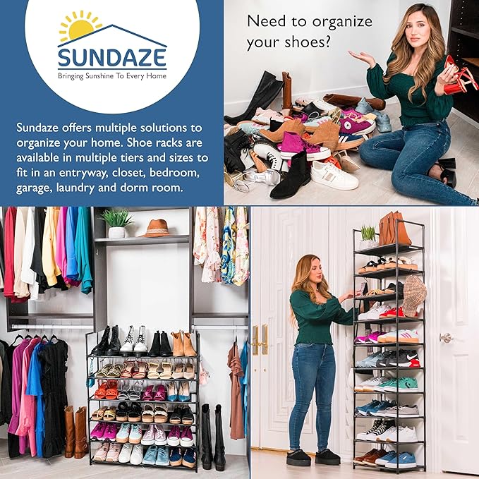Sundaze Shoe Rack - 8 Tier Shoe Rack for Front Door Entrance, Sturdy Tall Shoe Organizer for Closet, Bedroom, Entryway, Garage, Non Woven Fabric Shelf, Black, Holds Up to 40 Pairs-NeatNest