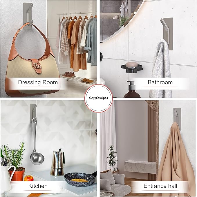 Brushed Nickel Self Adhesive Towel Hooks for Bathroom Wall Door Mounted - SUS304 Stainless Steel Strong Strips Stick on 3M Wall Hooks for Hanging Coat, Hat, Bag, Key, Jacket – 5 Pack-NeatNest