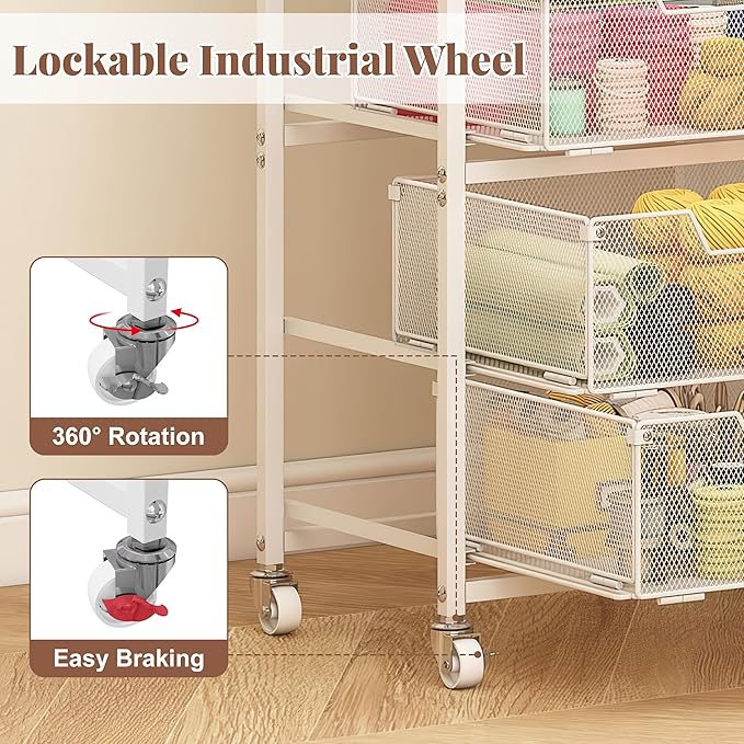 4-Drawer Rolling Storage Cart, Utility Cart with Drawers, White Metal Craft Cart Organizer with Wheels & Wooden Top, Art Supply Storage Organizer for Classroom, Office, Kitchen