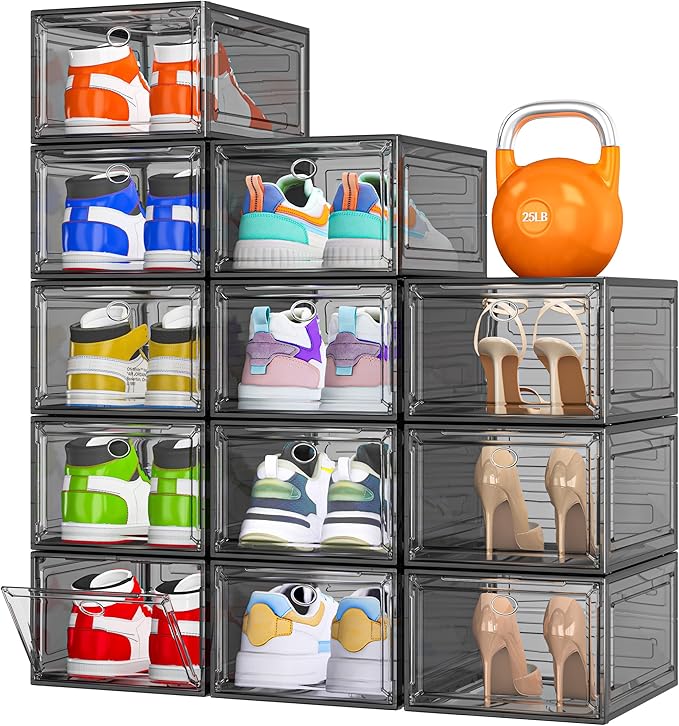 12 Pack Clear Shoe Storage Organizer with Magnetic Door, Stackable Plastic Shoe Boxes for Sneakers, Boots, and Heels, Space-Saving Foldable Shoe Rack for Closet, Durable Shoe Cabinet Organizer, Black-NeatNest