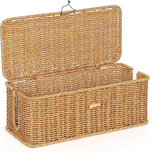 Cable Management Box, Handwoven Faux Rattan Cord Organizer with Lid, 2 Open Slots Cable Organizer Box, Decorative Cord Hider for Tv Computer USB Hub & Power Strip Holder