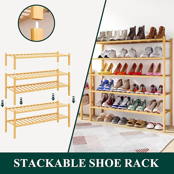 Smiry Shoe Rack, 2 Tier Long Bamboo Shoe Organizer, Stackable Free Standing Wooden Shoe Storage Shelf for Closet, Entryway, Front Door Entrance, Natural-NeatNest