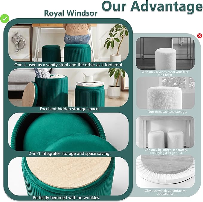 Royal Windsor Round Ottoman with Storage Set of 2,Vanity Stool with Storage for Bedroom, Ottoman Coffee Table, Small Velvet Foot Stool for Living Room, Green