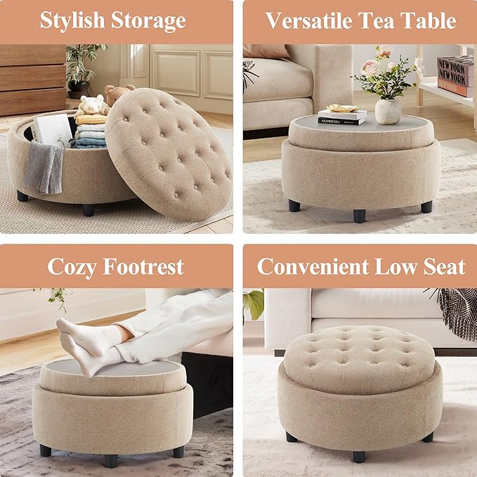 COLAMY Fabric Round Storage Ottoman with Reversible Tray Lid – Multi-Functional Footrest, Hidden Storage, Sturdy & Stylish Small Coffee Table for Living Room, Bedroom, or Entryway(Camel)-NeatNest