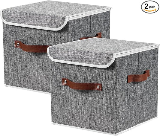 2PCS Storage Cubes with Lid Fabric Storage Bins Boxes PU Leather Handles Cotton Linen Closet Organizer Container Decorative Foldable Washable Shelf Cloth Basket (Flip-top Lid, Gray, 11in)-NeatNest