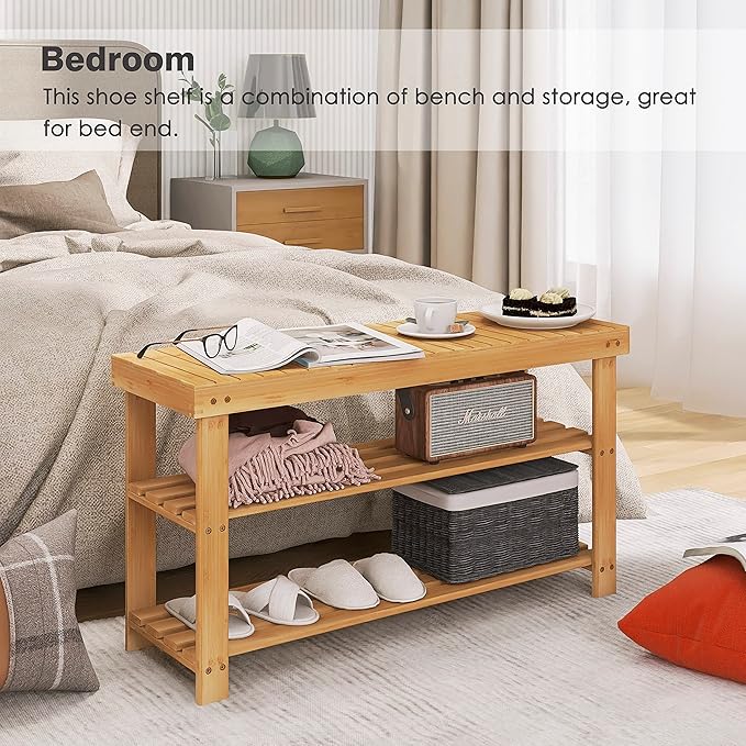 SMIBUY Bamboo Shoe Rack Bench, 3-Tier Shoe Organizer Storage Shelf for Entryway Hallway Bathroom Living Room (Natural)-NeatNest
