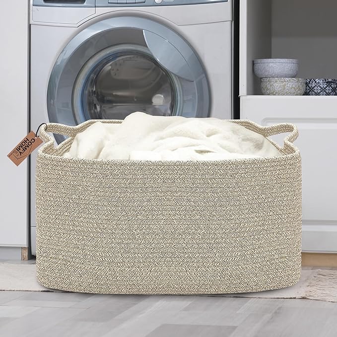 COMFY-HOMI Large Rectangular Blanket Basket, Woven Cotton Rope Baskets for Storage, Laundry Hamper Basket, Storage Bin,Toy Organizing Bin with Handle, Organization and Storage-22x15x12”-Brown-NeatNest