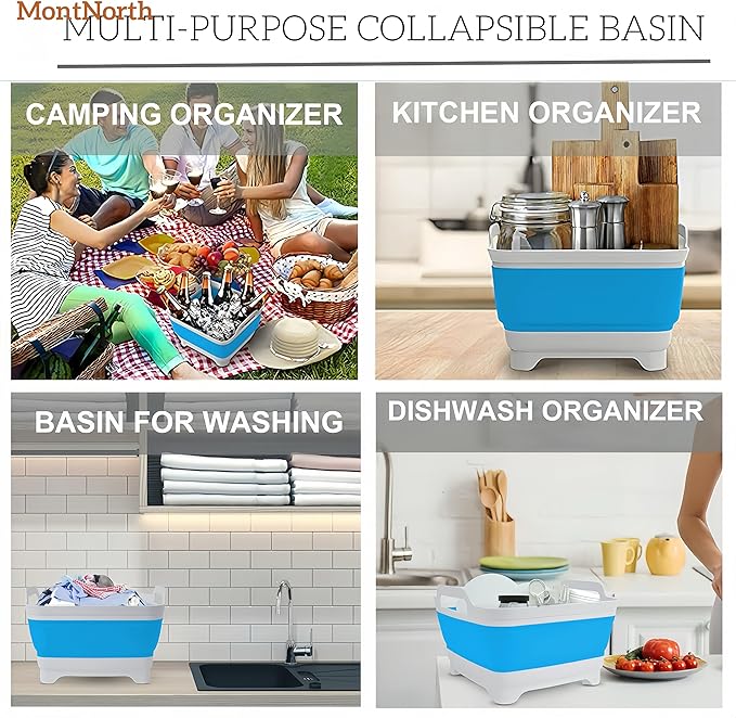 Collapsible Wash Basin 9L, Foldable Dish Tub with Drain Plug, Portable Collapsible Dish Basin, Camping Sink for Washing Dishes, Laundry & Kitchen Use (Blue)-NeatNest